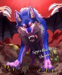  angry angry_eyes ayaka blue_body blue_fur canid canine canis chimera claws countershading destruction dragon_wings english_text fangs feral fur hybrid looking_at_another looking_down looking_up macro mammal paws purple_body purple_fur red_sky scared scary_face signature size_difference sky solo spiked_wings spikes tail tail_between_legs teeth text tongue tongue_out wings wolf 