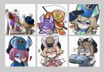  ! &gt;_&lt; 6+girls :&gt; animal_ears aqua_bow aqua_bowtie arm_up ball_octopus_(genshin_impact) beret black_headwear blue_coat blue_headwear bow bowtie bright_pupils brown_eyes brown_hair brown_shirt buttons canvas_(object) closed_mouth coat commentary_request crossed_bangs crying easel elphane_(genshin_impact) facing_away fang fishing_rod flying_sweatdrops from_behind genshin_impact grey_background hair_between_eyes hand_up hands_up hat headpat heart highres holding holding_fishing_rod holding_magnifying_glass holding_paintbrush iara_(genshin_impact) kuromu_shado long_sleeves lying magnifying_glass mamere_(genshin_impact) melusine_(genshin_impact) muirne_(genshin_impact) multiple_girls octopus on_stomach open_clothes open_coat open_mouth orange_eyes paint_on_clothes paint_splatter paintbrush painting_(object) parted_bangs peaked_cap pink_coat pink_hair pink_headwear purple_eyes purple_hair sedene_(genshin_impact) sedile_(genshin_impact) shirt short_hair shrugging simple_background sleeves_past_fingers sleeves_past_wrists smile sparkle sweat swept_bangs tail white_background white_pupils 