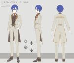  1boy arm_at_side back blue_eyes blue_hair breast_pocket buttons closed_mouth coat commentary_request crossed_bangs dark_blue_hair earrings formal from_side gloves grey_coat grey_pants hand_on_own_hip highres jewelry kaito_(vocaloid) lapels long_sleeves looking_at_viewer male_focus multiple_views nasubi_777777 notched_lapels open_clothes open_coat pants pocket project_sekai royal_antique_(project_sekai) short_hair standing turnaround twitter_username vocaloid white_gloves 