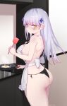  1girl absurdres apron ass black_panties blush breasts bright_pupils cooking cowboy_shot eonsang facial_mark fried_egg frying_pan girls&#039;_frontline green_eyes grey_hair hair_ornament highres hk416_(girls&#039;_frontline) holding holding_spatula large_breasts long_hair looking_back panties shoulder_blades solo spatula standing underwear white_apron white_pupils 