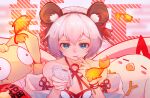  1girl :d absurdres alternate_hair_length alternate_hairstyle animal_ears bare_shoulders blue_eyes chinese_new_year dress fake_animal_ears food headband highres holding holding_food homu_(honkai_impact) honkai_(series) honkai_impact_3rd looking_at_viewer luojiwei mouse_ears open_mouth short_hair smile solo theresa_apocalypse white_dress white_hair white_sleeves 