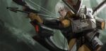  1girl apex_legends arrow_(projectile) bocek_compound_bow bodysuit bow_(weapon) brown_eyes cccccyoo from_side frown grey_hair hair_behind_ear highres holding holding_bow_(weapon) holding_weapon jetpack orange_bodysuit realistic short_hair solo thrusters upper_body valkyrie_(apex_legends) weapon 