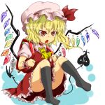  1girl aged_down ascot backpack bag black_socks blonde_hair flandre_scarlet frilled_shirt_collar frilled_skirt frills full_body hat hat_ribbon kneehighs kouno_miki mob_cap multicolored_wings no_shoes open_mouth puffy_short_sleeves puffy_sleeves randoseru red_bag red_eyes red_ribbon red_skirt red_vest ribbon shirt short_sleeves skirt skirt_set socks solo touhou vest white_headwear white_shirt wings wrist_cuffs yellow_ascot 