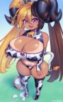  aife animal_humanoid animal_print bell bell_collar big_breasts blonde_hair breasts cleavage clothed clothing collar cow_print female hair hi_res huge_breasts humanoid legwear piercing solo supersatanson thick_thighs thigh_highs tongue tongue_piercing 