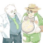  2023 absurd_res anthro band-aid bandage bear belly big_belly black_nose blush bottomwear brown_body brown_fur clothing duo eyewear fur furries_tetras glasses hat headgear headwear hi_res kemono leib_(tas) lifewonders male mammal necktie overweight overweight_male pants polar_bear shirt simple_background straw_hat tokyo_afterschool_summoners topwear ursine volos white_background white_body 