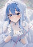  1girl absurdres blue_eyes blue_hair breasts bridal_veil cleavage dress earrings from_above gloves hair_between_eyes hair_bun highres hololive hoshimachi_suisei jewelry long_hair looking_at_viewer nakaneabura8623 necktie revision ring smile solo star_(symbol) star_in_eye symbol_in_eye veil virtual_youtuber wedding_dress wedding_ring white_gloves 
