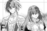  1boy 1girl absurdres alear_(female)_(fire_emblem) alear_(fire_emblem) alear_(male)_(fire_emblem) braid closed_mouth crossed_bangs fire_emblem fire_emblem_engage greyscale hair_between_eyes heterochromia highres illust_mi long_hair looking_at_viewer monochrome ribbon short_hair smile tiara 