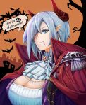  blood blood_on_face blue_eyes breasts cape cleavage earrings fang girls&#039;_frontline grey_hair griffin_&amp;_kryuger hair_over_one_eye halloween happy_halloween highres horns huge_breasts ichi_illust001 jewelry looking_at_viewer mg5_(girls&#039;_frontline) pointy_ears red_cape shirt smile upper_body white_shirt 