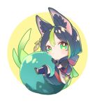  1boy :&lt; animal_ear_fluff animal_ears aqua_tail between_legs black_gloves black_shorts blue_footwear blush_stickers boots chibi circle closed_mouth flower fox_boy fox_ears fox_tail from_side full_body genshin_impact gloves green_eyes green_hair green_ribbon hair_ornament hand_up hood hood_down hugging_tail leaf looking_at_viewer male_focus multicolored_hair ribbon rin_gotarou sash short_hair short_sleeves shorts solo streaked_hair tail tail_between_legs tassel tighnari_(genshin_impact) white_background 