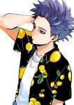  1boy alternate_costume arm_up bags_under_eyes black_shirt boku_no_hero_academia highres jewelry lemon_print male_focus messy_hair necklace nishino_(fetv8484) purple_hair shinsou_hitoshi shirt short_hair simple_background solo white_background white_shirt 