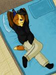  2010 aliasing anthro bed black_body black_clothing black_footwear black_fur black_shirt black_socks black_topwear blue_(bluekyokitty) blue_inner_ear_fluff blue_nose bluekyokitty bottomwear brown_body brown_fur canid canine canis cel_shading clothed clothing detailed_background digital_drawing_(artwork) digital_media_(artwork) domestic_dog dress_shirt eyes_closed facial_piercing female footwear fur furniture hands_behind_head head_tuft herding_dog inner_ear_fluff inside khaki_pants lip_piercing lip_ring lying mammal on_back on_bed one_ear_up pants pastoral_dog piercing pillow ring_piercing sebdoggo shaded shirt socks solo tail tan_bottomwear tan_clothing tan_pants topwear trans_(lore) trans_man_(lore) tuft welsh_corgi yellow_body yellow_fur 