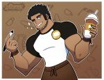 1boy alternate_skin_color apron bara barista beard_stubble black_hair brown_apron brown_theme coffee coffee_cup cup dark-skinned_male dark_skin disposable_cup highres holding holding_cup holding_marker huge_eyebrows large_pectorals leaning_to_the_side looking_at_viewer lucas_lee male_focus marker muscular muscular_male official_alternate_costume one_eye_closed pectorals roddydoodles scott_pilgrim_takes_off shirt short_hair short_sleeves smile solo sparkling_aura t-shirt tight_clothes tight_shirt waist_apron 