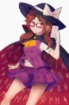  absurdres borland_003 bow brown_eyes brown_hair cloak fedora glasses gloves hat highres holding holding_phone looking_at_viewer phone purple_shirt purple_skirt red-framed_eyewear shirt short_sleeves skirt smile touhou twintails usami_sumireko white_bow white_sleeves 