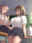  2girls black_skirt blue_eyes blurry blurry_background bra bra_visible_through_clothes breasts brown_hair bursting_breasts button_gap classroom collared_shirt cowboy_shot curvy desk disciplinary_committee-chan_(maku_ro) friend-chan_(maku_ro) large_breasts leaning_on_table long_hair maku_ro miniskirt multiple_girls open_mouth original pleated_skirt profile red_eyes school_desk school_uniform shirt shirt_tucked_in short_sleeves sidelocks skirt smile striped striped_bra tented_shirt underwear white_shirt 