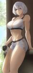  1girl 2b_(nier:automata) absurdres blue_eyes bottle hair_between_eyes highres holding holding_bottle looking_at_viewer mole mole_under_mouth navel nier:automata nier_(series) open_mouth short_hair short_shorts shorts solo sports_bra tommy_(kingdukeee) white_hair white_shorts white_sports_bra 