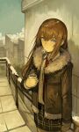  1girl absurdres balcony blue_eyes brown_hair closed_mouth coffee collared_shirt cup day disposable_cup hair_between_eyes highres jacket kornod long_hair long_sleeves looking_at_viewer makise_kurisu necktie outdoors red_necktie shirt skirt solo standing steins;gate white_shirt 