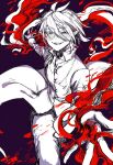  1boy absurdres antenna_hair asmodeus_alice black_background blush coat fangs feet_out_of_frame fire greyscale hair_between_eyes half-closed_eyes highres long_bangs long_sleeves looking_at_viewer mairimashita!_iruma-kun male_focus monochrome open_collar outstretched_arms pants pointy_ears popped_collar pyrokinesis seductive_smile shirt short_hair simple_background sleeveless sleeveless_coat smile solo spot_color terusuzuzu 