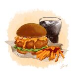 burger cheese food food_focus french_fries ketchup lettuce no_humans orange_background original signature still_life user_wkax8822 