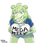 1:1 2023 anthro big_breasts blue_eyes bottomwear breasts clothing cut-off_jeans cutoffs dated denim denim_bottomwear denim_clothing digital_media_(artwork) dinosaur female goodbye_volcano_high grabbing_own_breast green_body green_hair green_scales grin grinning_at_viewer hair hair_bun hand_on_breast leaning leaning_forward looking_at_viewer low_res mega_milk meme ornithischian reptile scales scalie shirt shorts shrikethebird_(artist) signature smile snoot_game snout solo standing stegosaurian stegosaurus stella_(snoot_game) teeth thyreophoran topwear 
