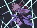  1girl black_ribbon black_skirt blonde_hair closed_mouth clothes_around_waist crop_top fingerless_gloves gloves hair_between_eyes hair_ribbon highres kill_me_baby kirara_fantasia looking_at_viewer miniskirt pleated_skirt purple_eyes ribbon simple_background skirt solo sonya_(kill_me_baby) sword twintails weapon yachima_tana 