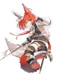 1girl animal_ears arknights armor black_skirt black_thighhighs boots closed_mouth ear_covers earpiece flametail_(arknights) full_body gambeson gauntlets highres holding holding_weapon knee_boots orange_eyes pleated_skirt red_eyes red_hair simple_background single_ear_cover skirt solo squirrel_ears squirrel_girl squirrel_tail tail thigh_strap thighhighs weapon white_background yachima_tana 
