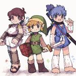  3boys angel angel_wings blue_hair boots brown_footwear brown_hair character_request commission full_body green_headwear highres holding holding_shield holding_sword holding_weapon katana kid_icarus kid_icarus_(nes) link male_focus multiple_boys pit_(kid_icarus) pointy_ears shield skeb_commission smile standing sword the_legend_of_zelda the_legend_of_zelda_(nes) tomatoaaa vambraces weapon wings 