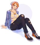  1girl artist_name beanie black_pants blue_jacket breasts brown_eyes casual collarbone crop_top english_commentary hat highres hooded_shirt jacket jolly_roger large_breasts long_hair looking_at_viewer nami_(one_piece) one_piece orange_hair pants shirt shoes short_hair sitting sneakers solo straw_hats_jolly_roger tongue tongue_out torn_clothes torn_pants vans yellow_shirt yoyoleif 