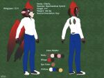  anthro avian bottomwear bovid brown_body brown_eyes brown_fur caprine clothed clothing color_swatch digital_media_(artwork) dustin_c english_text feathers footwear fur hair hi_res hybrid male mammal model_sheet pants red_hair shoes simple_background smile solo standing sweater tail tail_feathers text topwear wings wings_folded 