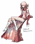  1other blood bone cape facing_viewer flesh gloves hair_over_eyes lobotomy_corporation multicolored_hair nishikujic pants personification pink_hair pink_pants project_moon red_cape red_gloves simple_background sitting skin_prophecy streaked_hair torn_clothes white_background white_hair 
