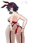  1girl :o aldharoku animal_ears ass ass_support bare_shoulders black_hair blue_eyes blush cameltoe fake_animal_ears fake_tail fishnet_pantyhose fishnets from_behind highres kill_la_kill leotard matoi_ryuuko multicolored_hair pantyhose playboy_bunny rabbit_ears rabbit_tail red_hair red_leotard solo streaked_hair tail two-tone_hair 