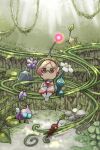  1girl alien black_eyes blue_eyes blue_pikmin brittany_(pikmin) bud buttons cliff closed_mouth clover commentary_request crossed_legs dappled_sunlight eyelashes flower glasses helmet insect_wings leaf light_smile naru_(wish_field) pikmin_(creature) pikmin_(series) pink_hair pink_light pink_skirt plant pointy_ears pointy_nose purple_flower radio_antenna red-framed_eyewear red_pikmin rock rock_pikmin short_hair sitting skirt solid_oval_eyes space_helmet spacesuit sunlight triangular_eyewear vines whistle white_flower winged_pikmin wings yellow_pikmin 