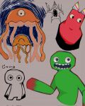  1_eye 2023 3_eyes :d :o abstract_background ambiguous_gender arachnid arthropod bald banban_(garten_of_banban) barefoot big_pupils black_eyes blood blood_on_hand blue_background blush bodily_fluids chibi claws cnidarian cyclops dilated_pupils earless exclamation_point eyes_closed featureless_crotch feet feral garten_of_banban geometric_background glistening glistening_body glistening_head green_body green_skin grey_background grid grid_background group happy hi_res horn humanoid intense_stare japanese_text jellyfish jumbo_josh kotobuki_dutp long_tentacles looking_aside looking_at_viewer looking_away looking_down_at_viewer male marine medusozoan monster monstrous_humanoid motion_lines mouthless multi_eye nabnab noseless nude nude_ambiguous nude_male o_o open_mouth orange_body orange_skin orange_tentacles pattern_background pose pupils raised_arm round_eyes shadow sharp_claws sharp_teeth simple_background sketch smile smiling_at_viewer spider standing stinger_flynn teeth tentacles text toony translucent translucent_body translucent_tentacles white_background wide_eyed 