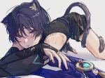  1boy animal_ears auaua_08 black_shirt black_shorts blush cat_boy cat_ears cat_tail crying crying_with_eyes_open genshin_impact grey_background long_sleeves male_focus parted_lips scaramouche_(genshin_impact) shirt shorts sketch solo tail tears vision_(genshin_impact) wanderer_(genshin_impact) 