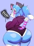  anthro bandage bandaged_tail big_butt blue_body blue_hair bottomwear breasts butt clothing crossgender domestic_cat eyewear felid feline felis female glasses hair hi_res jacket mammal purple_eyes shorts solo tail thedeathcrow05 topwear 