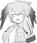  1girl arms_at_sides bird_wings blush breast_pocket breasts closed_eyes collared_shirt double-parted_bangs eyelashes facing_viewer greyscale hair_between_eyes head_wings highres igarashi_(nogiheta) kemono_friends large_breasts layered_sleeves long_hair long_sleeves low_ponytail monochrome multicolored_hair necktie nose_blush open_mouth pocket shirt shoebill_(kemono_friends) short_over_long_sleeves short_sleeves side_ponytail simple_background smile solo taut_clothes taut_shirt upper_body white_background wing_collar wings 