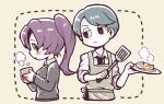  1boy 1girl apron aqua_hair black_eyes black_necktie breasts closed_mouth collared_shirt commentary_request cup dotted_line employee_(lobotomy_corporation) food frown green_apron grey_sweater hatake_shimeji holding holding_cup holding_plate holding_spatula lobotomy_corporation long_hair long_sleeves medium_breasts necktie no_nose original outline pale_skin pancake plate ponytail project_moon purple_hair shirt short_hair simple_background spatula steam sweater white_outline white_shirt yellow_background 