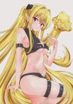  amanotti_01 bikini black_bikini blonde_hair breasts cleavage_cutout clenched_hand clothing_cutout cone_hair_bun cowboy_shot cross_cutout hair_bun hair_intakes highres konjiki_no_yami living_hair long_hair medium_breasts red_eyes standing swimsuit thigh_strap to_love-ru to_love-ru_darkness two_side_up very_long_hair 