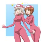  2girls anglerfish_costume blue_eyes blush bodysuit breasts brown_hair closed_eyes girls_und_panzer hands_on_another&#039;s_shoulders highres itsumi_erika key_(gaigaigai123) large_breasts multiple_girls nishizumi_miho open_mouth pink_bodysuit short_hair simple_background smile white_hair 