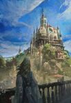  1girl blonde_hair blue_sky castle cloud european_architecture gwent_(game) highres long_hair non-web_source outdoors sky the_witcher_(series) tree 