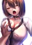  1girl akeyama_kitsune azur_lane baltimore_(after-school_ace)_(azur_lane) baltimore_(azur_lane) black_choker black_necktie braid breasts brown_hair cardigan cardigan_around_waist choker cleavage clothes_around_waist collarbone collared_shirt commentary_request cowboy_shot french_braid grabbing grabbing_another&#039;s_breast hair_between_eyes large_breasts loose_necktie necktie official_alternate_costume open_mouth partial_commentary partially_unbuttoned shirt short_hair short_sleeves sidelocks simple_background solo_focus standing sweat white_background yellow_eyes 
