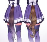  2girls bow daitaku_helios_(umamusume) fig_(lchijiku) frilled_skirt frills highres horse_tail lower_body mejiro_palmer_(umamusume) multiple_girls pleated_skirt purple_skirt purple_thighhighs school_uniform simple_background skirt tail tail_through_clothes thighhighs tracen_school_uniform umamusume white_background white_bow 