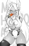  1girl animal_ears arm_between_breasts arm_under_breasts bare_shoulders between_breasts blush boku_no_hero_academia breasts carrot covered_navel crescent_print dark-skinned_female dark_skin food_in_mouth fur_collar gloves greyscale grin highleg highleg_leotard koda1ra large_breasts leotard long_eyelashes long_hair looking_at_viewer mirko monochrome parted_bangs partially_colored rabbit_ears rabbit_girl raised_eyebrow skindentation sleeveless_turtleneck_leotard smile solo taut_leotard teeth thick_thighs thighhighs thighs toned twitter_username very_long_hair white_gloves white_hair white_leotard 