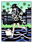  1girl 2021 animal_print black_skirt blue_eyes border bright_pupils building chinese_zodiac cow cow_horns cow_print fake_horns garouma green_flower green_sky highres hood hood_down hoodie horns looking_at_viewer original print_hoodie shoes skirt sleeves_past_fingers sleeves_past_wrists smile socks solo white_border white_pupils white_socks year_of_the_ox 