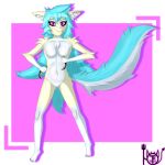  4k 5_fingers 5_toes anthro blue_body blue_fur breasts canid canine digital_media_(artwork) ear_piercing feet female fingers fur hair hi_res hollow_(onetruefanatyk) looking_at_viewer mammal onetruefanatyk piercing pink_eyes simple_background smile solo tail toes white_body white_fur yellow_body yellow_fur 