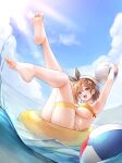  1girl :d absurdres armpits arms_up atelier_(series) atelier_ryza atelier_ryza_2 ball barefoot beachball beret bikini blue_sky braid brown_eyes brown_hair cloud day hat highres holding holding_ball holding_beachball legs looking_at_viewer ocean reisalin_stout risa_(pixiv23908854) short_hair sky smile soles solo sunlight swimsuit thigh_strap toes white_headwear yellow_bikini 