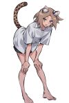  1boy animal_ears black_shorts blue_eyes cat_ears cat_tail cropped_legs fang green_eyes heterochromia hunched_over isaac_(adey) looking_at_viewer male_focus medium_hair original parted_bangs shirt shorts solo standing tail ten_(lu2948d) white_background white_shirt 