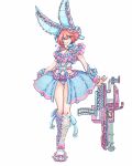  1girl ahoge alternate_costume blue_dress blue_eyes bracelet breasts cleavage_cutout clothing_cutout clover dress elphelt_valentine four-leaf_clover full_body guilty_gear guilty_gear_xrd gun hairband highres huge_ahoge jewelry ketchupurin large_breasts looking_at_viewer medium_hair pink_hair short_hair smile spiked_bracelet spikes standing weapon 