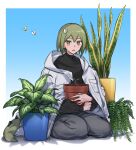  1boy blue_background brown_eyes bug butterfly double-parted_bangs dragon_boy dragon_tail full_body green_hair hana_(adey) holding_flower_pot medium_hair original otoko_no_ko plant potted_plant seiza shadow simple_background sitting tail tears ten_(lu2948d) 