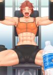  1girl abs absurdres bike_shorts blush breasts cameltoe exercise exercise_machine gym_shorts gym_uniform harurukan highres muscular muscular_female navel original paid_reward_available red_hair scar short_hair shorts smile sportswear sweat weights 