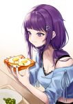  1girl absurdres asashin_(asn) black_bra blue_shirt bra breasts cleavage closed_mouth collarbone eating egg fingernails food food_on_face gradient_background hair_ornament hair_over_shoulder hairclip highres holding holding_food idolmaster idolmaster_shiny_colors long_hair medium_breasts midriff plate purple_eyes raglan_sleeves red_nails shirt sitting solo tanaka_mamimi underwear yellow_background 